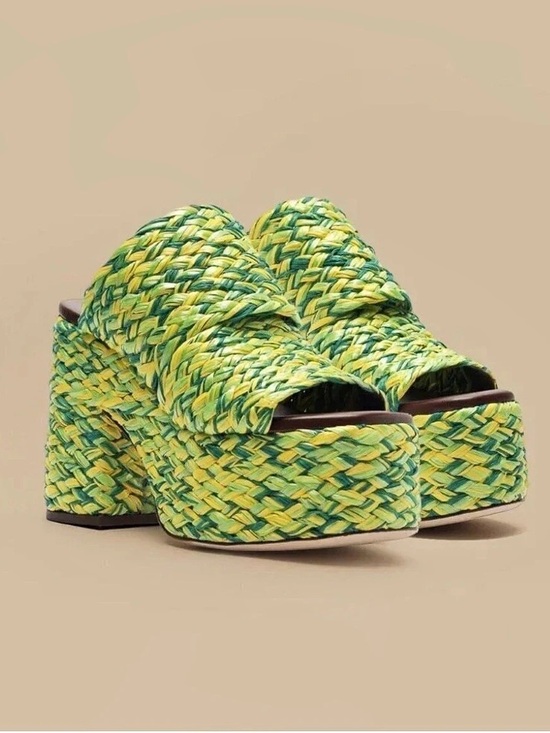 FARM Rio Shoes - FARM Rio Woven Platform Sandals in Green & Yellow US 9